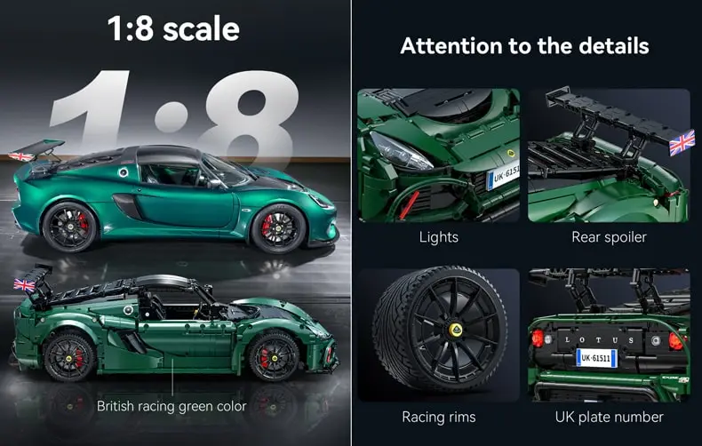 1/8 scale Lotus Exige building blocks model in British green color