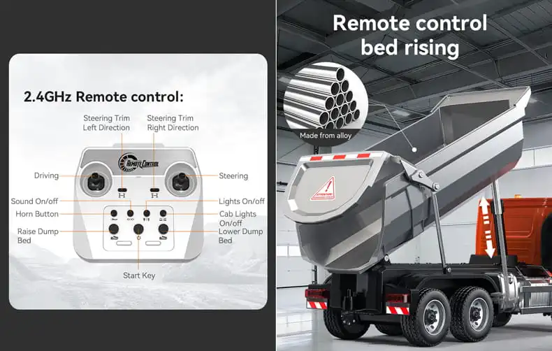 White radio controller next to rc dump truck