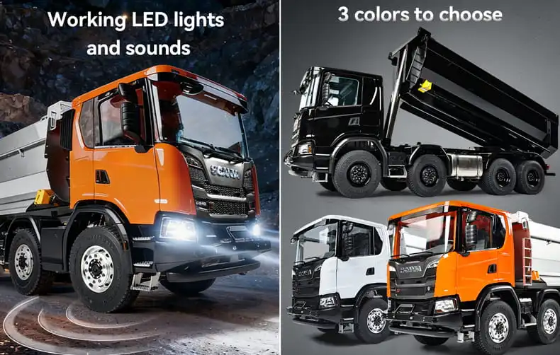 Scania dump truck with lights on