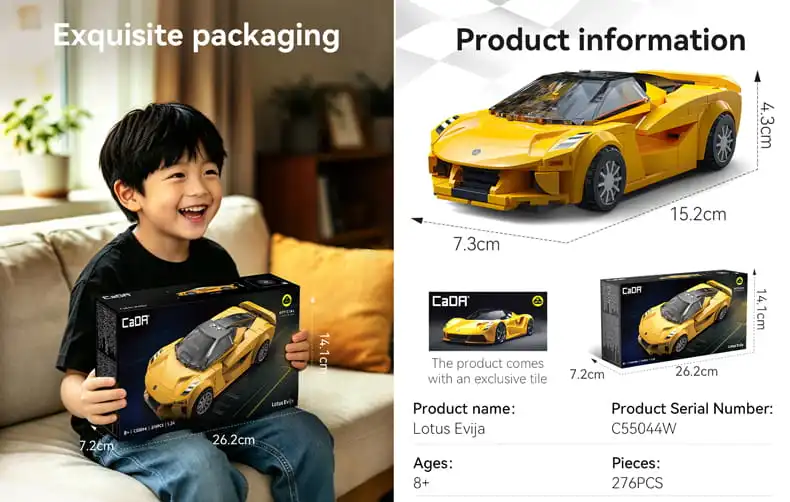 A kid holding yellow color Lotus Evija