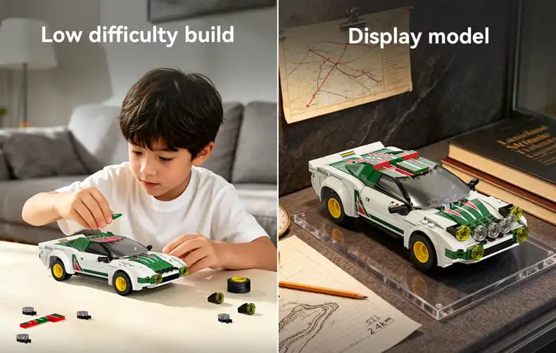 Asian boy plaing with Lancia Stratos building blocks model