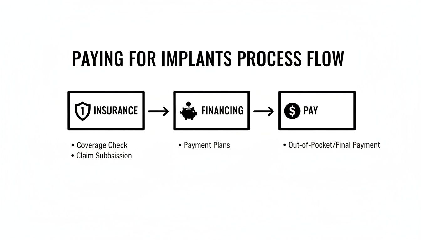 A flowchart showing the three-step process for paying for dental implants: insurance, financing, and final payment.