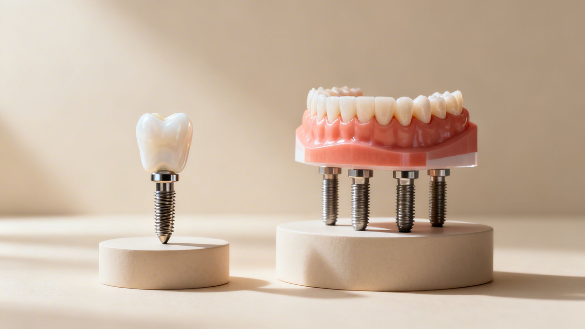 Two dental implant models on light stands: a single tooth and a full lower jaw.