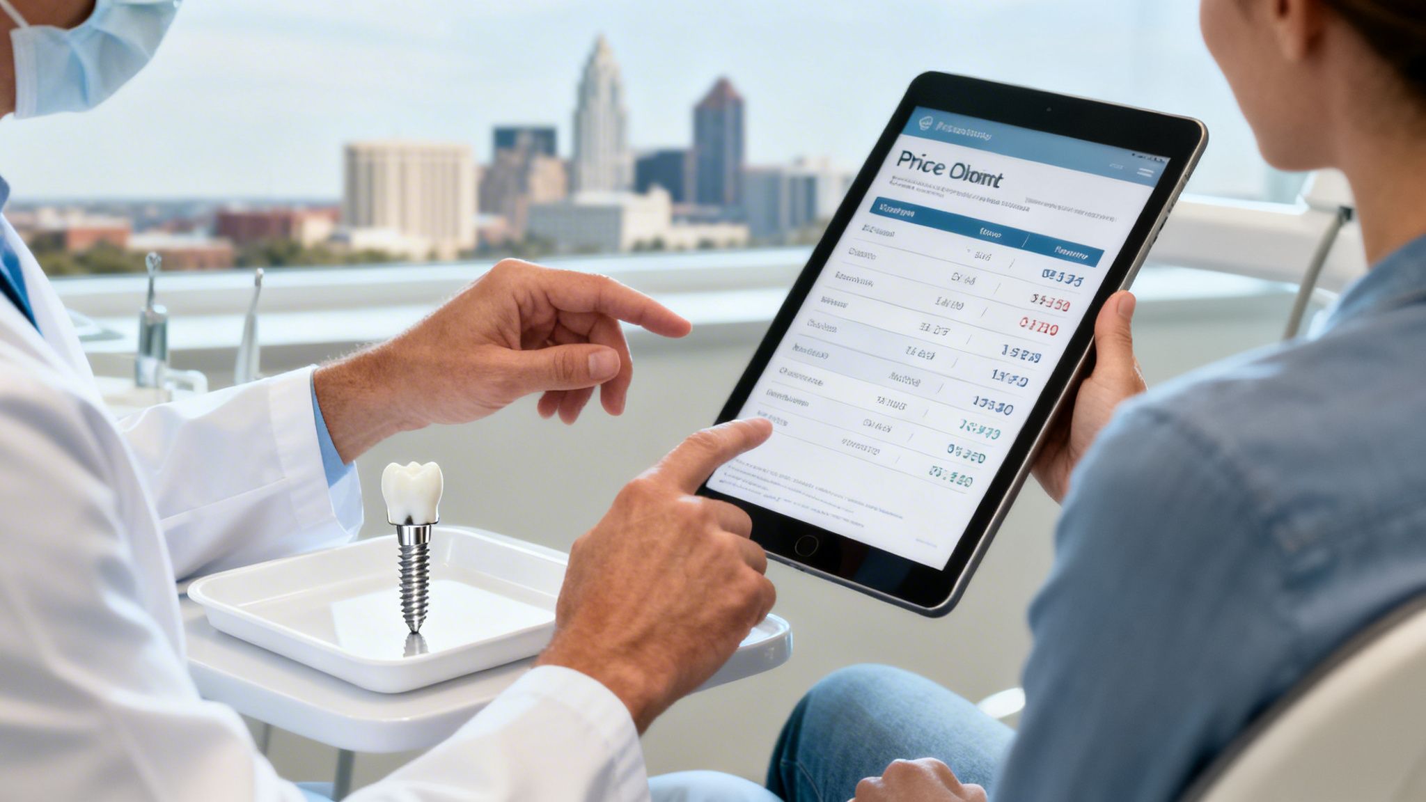 Dentist and patient discussing dental implant costs shown on a digital tablet in a clinic.