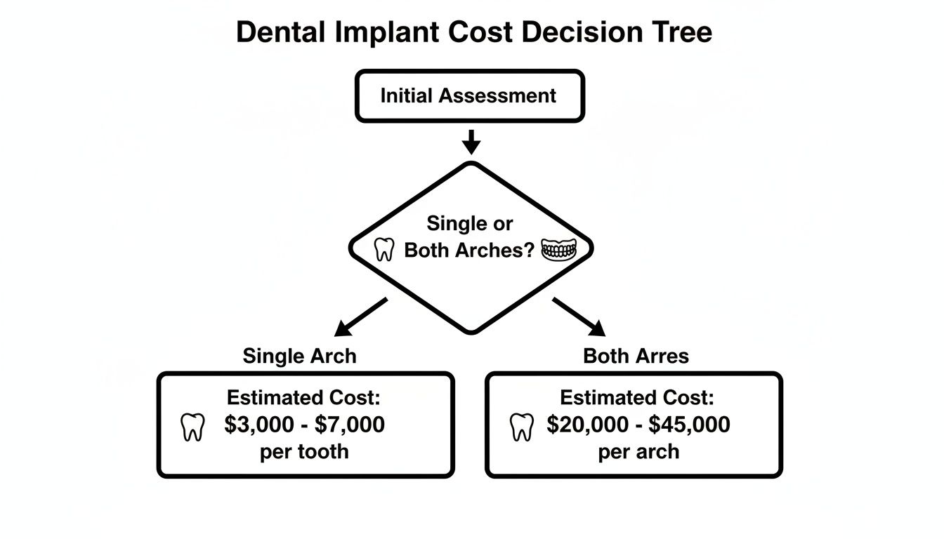 Decision tree illustrating dental implant costs for single or both arches, ranging from $3,000 to $45,000.