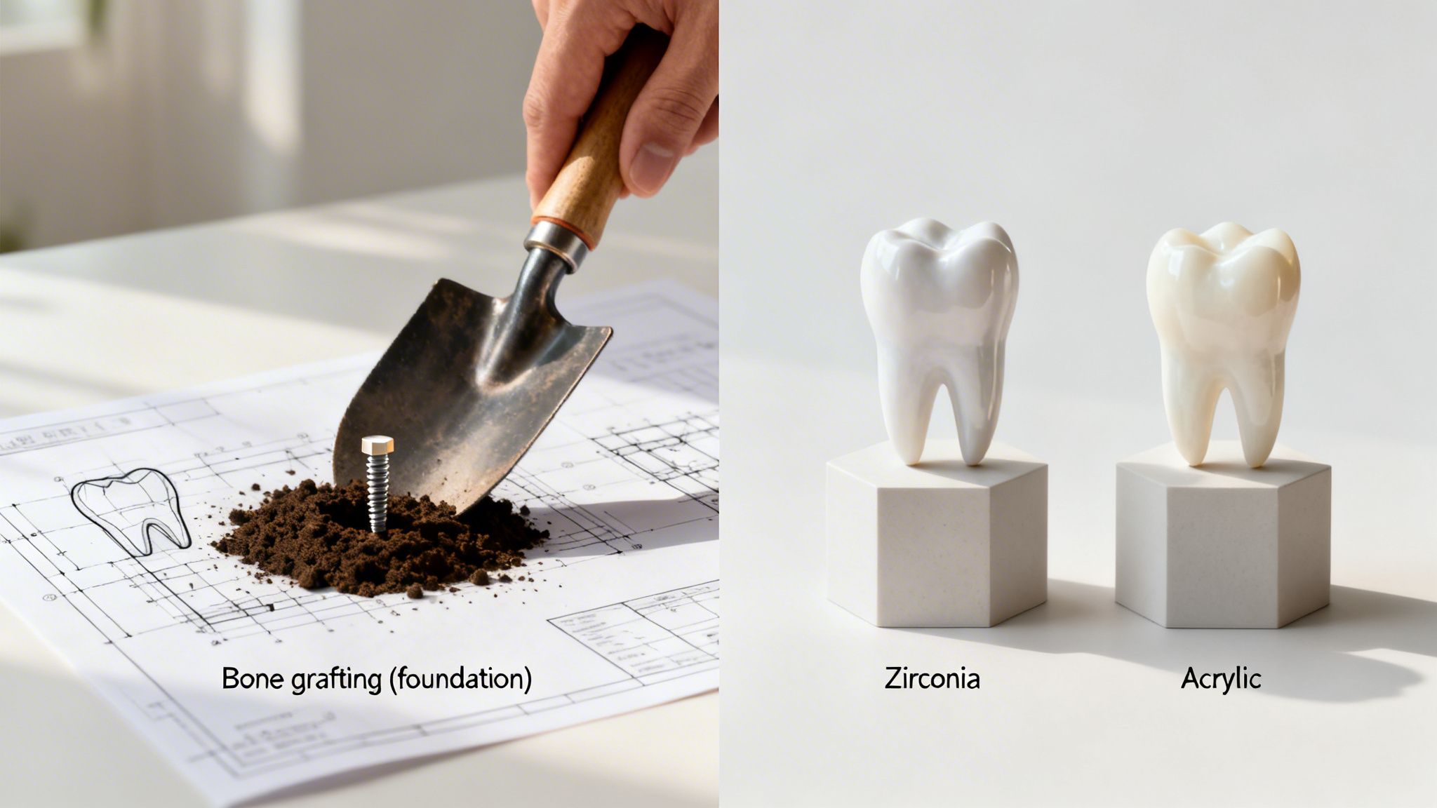 Illustration of dental implant process showing bone grafting foundation and zirconia/acrylic tooth options.