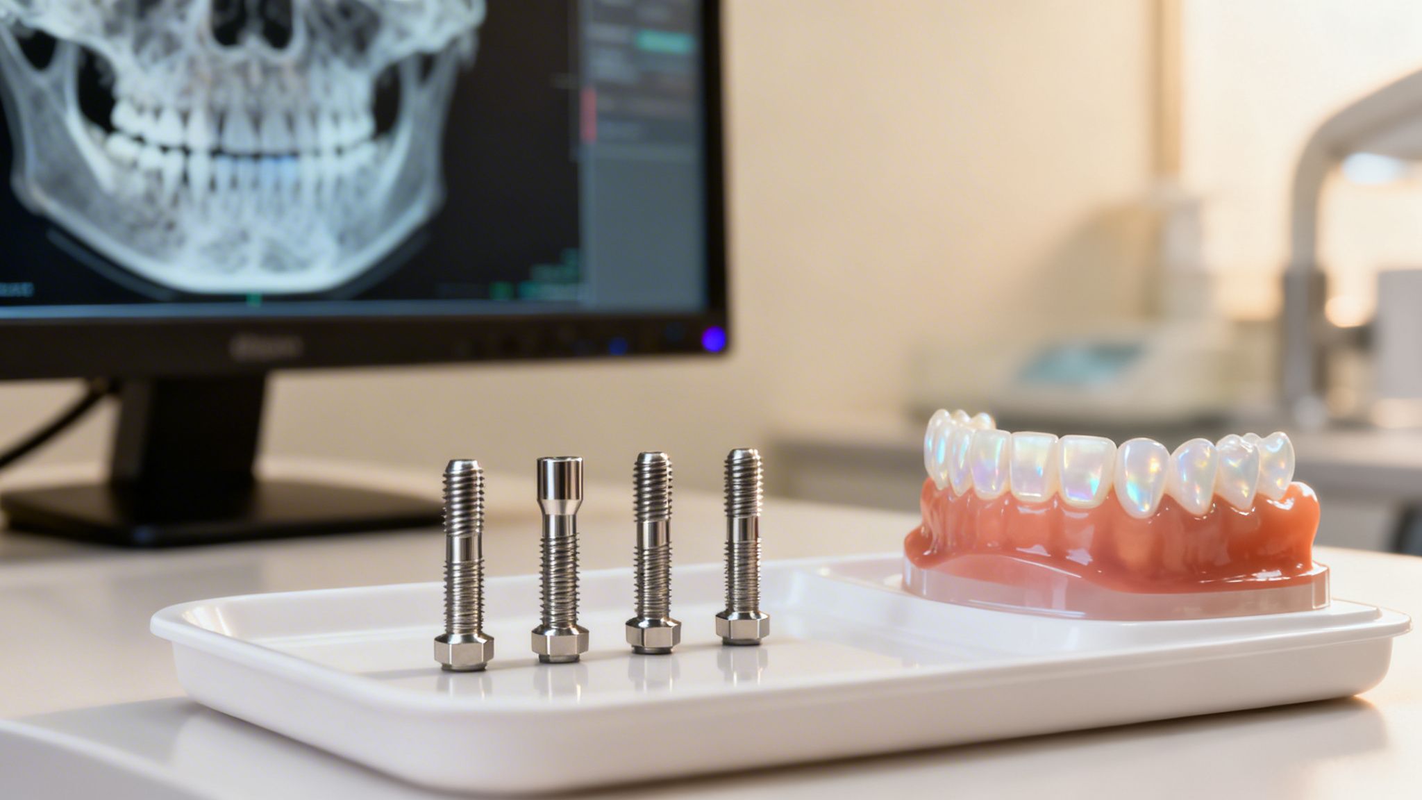 Dental implants, a tooth model, and a digital X-ray of a skull in a dental office.