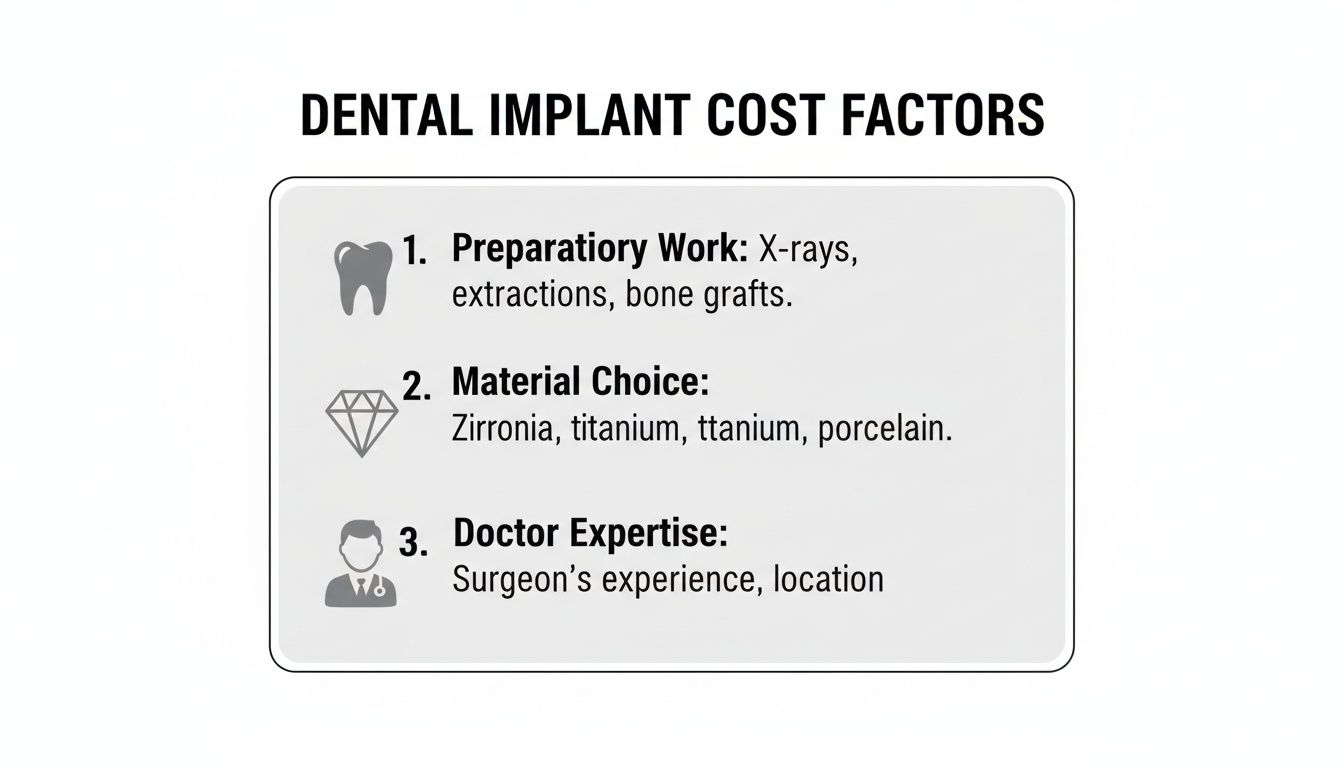 An infographic detailing the three main factors influencing dental implant costs: preparatory work, material choice, and doctor expertise.