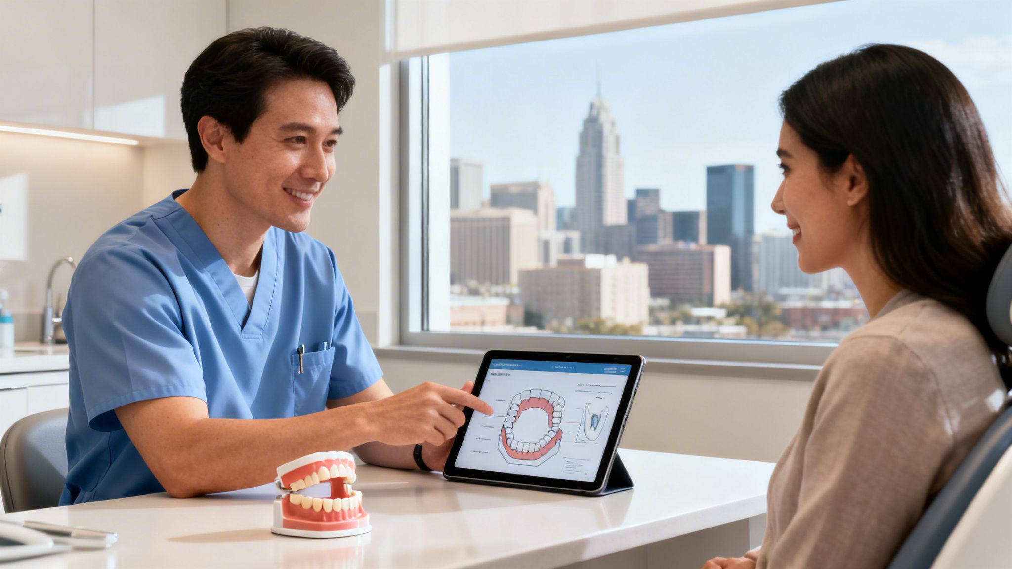 Dentist discusses dental plan with female patient using a tablet and teeth model in a modern office.