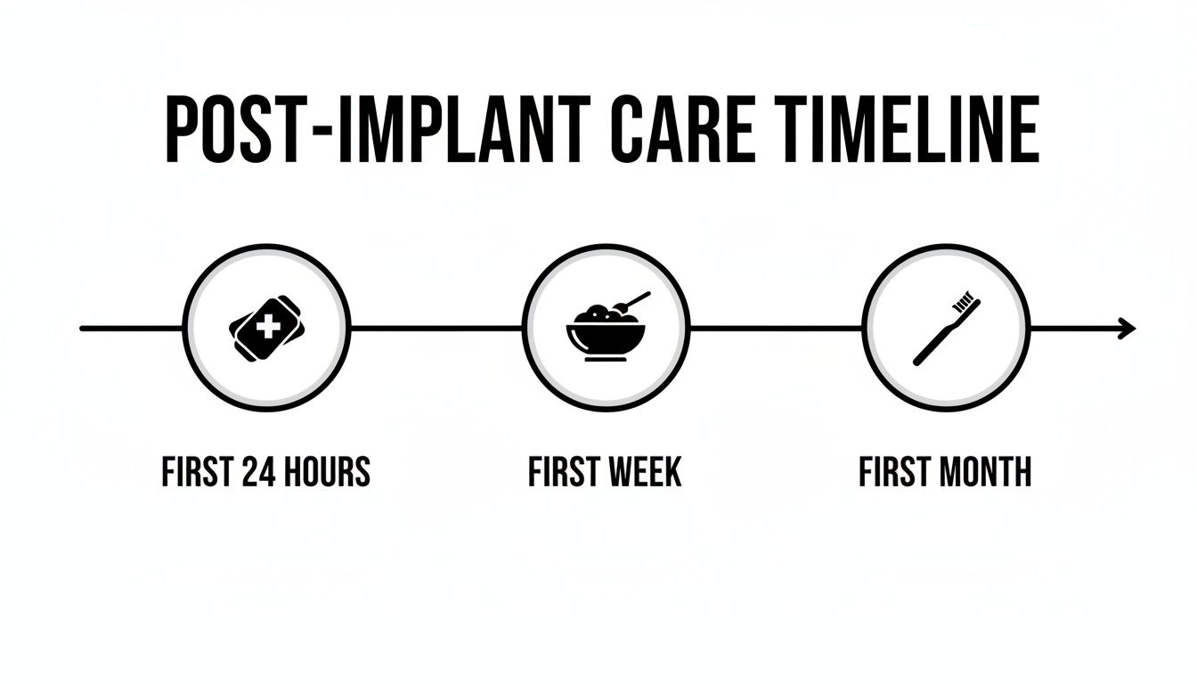 A timeline illustrating post-implant care steps: medication for first 24 hours, soft food for the first week, and toothbrush for the first month.
