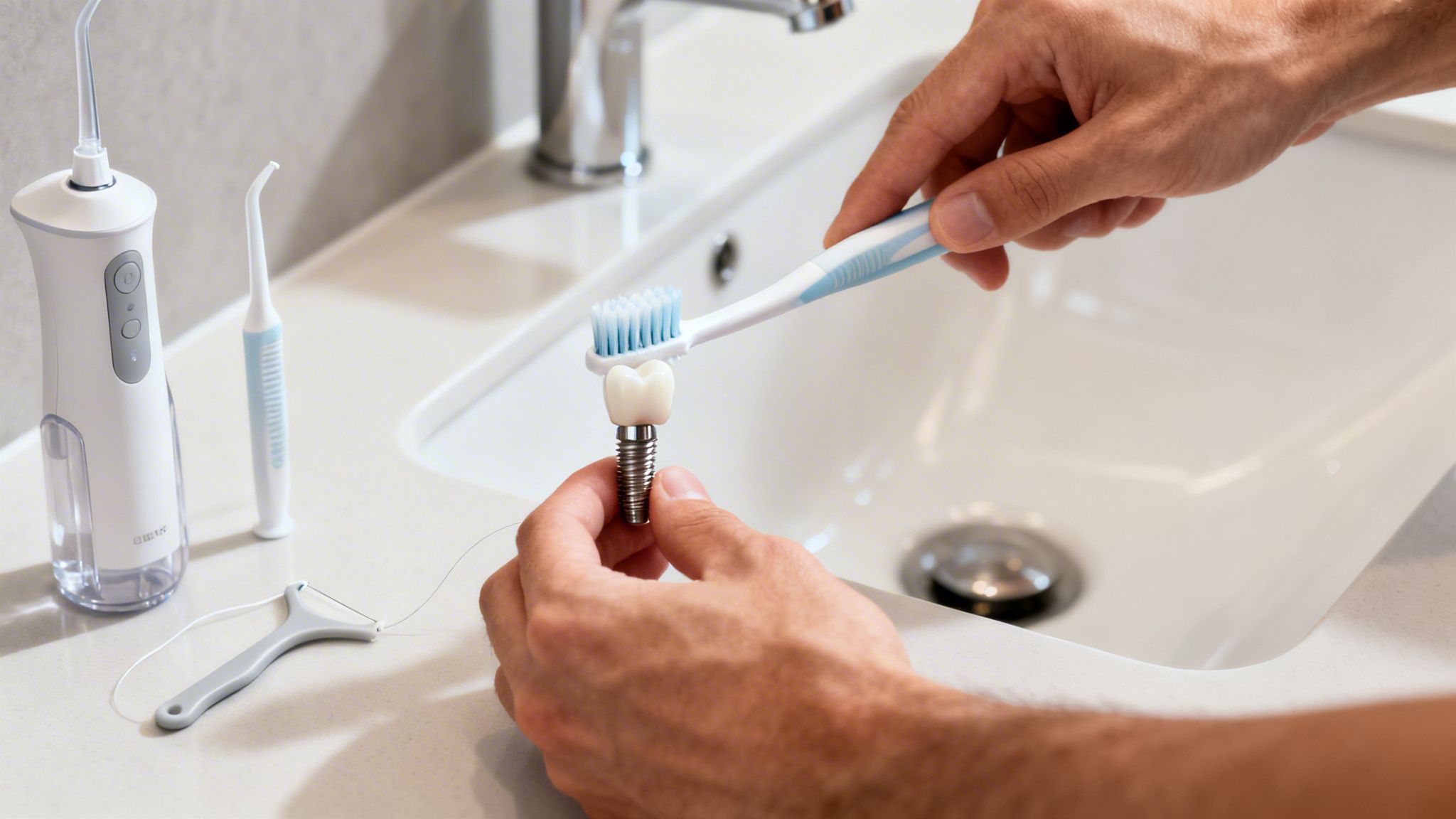 A person cleaning a dental implant model with a toothbrush next to a sink and oral hygiene tools.