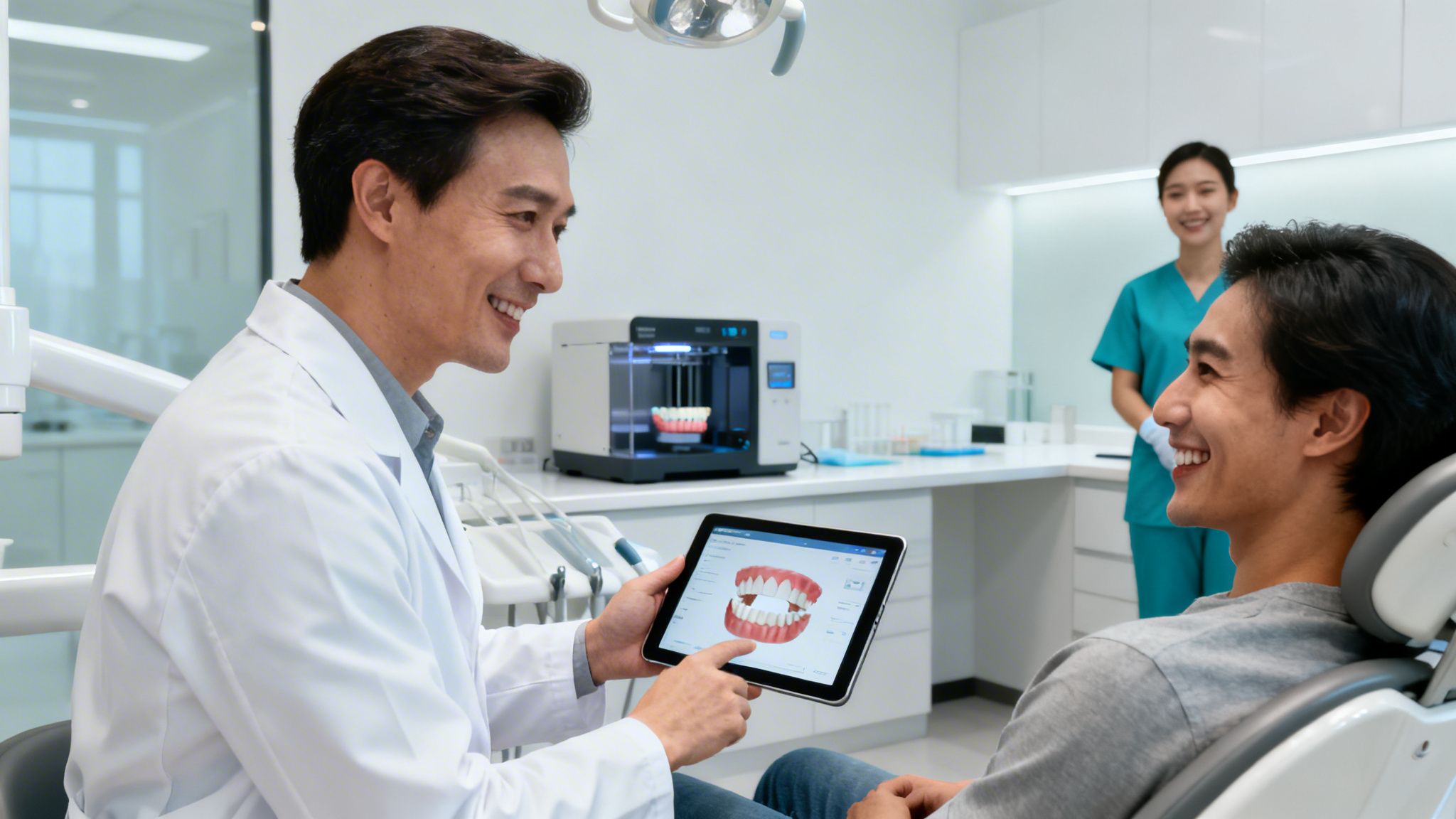 Smiling dentist showing a 3D digital dental model on a tablet to a happy patient.