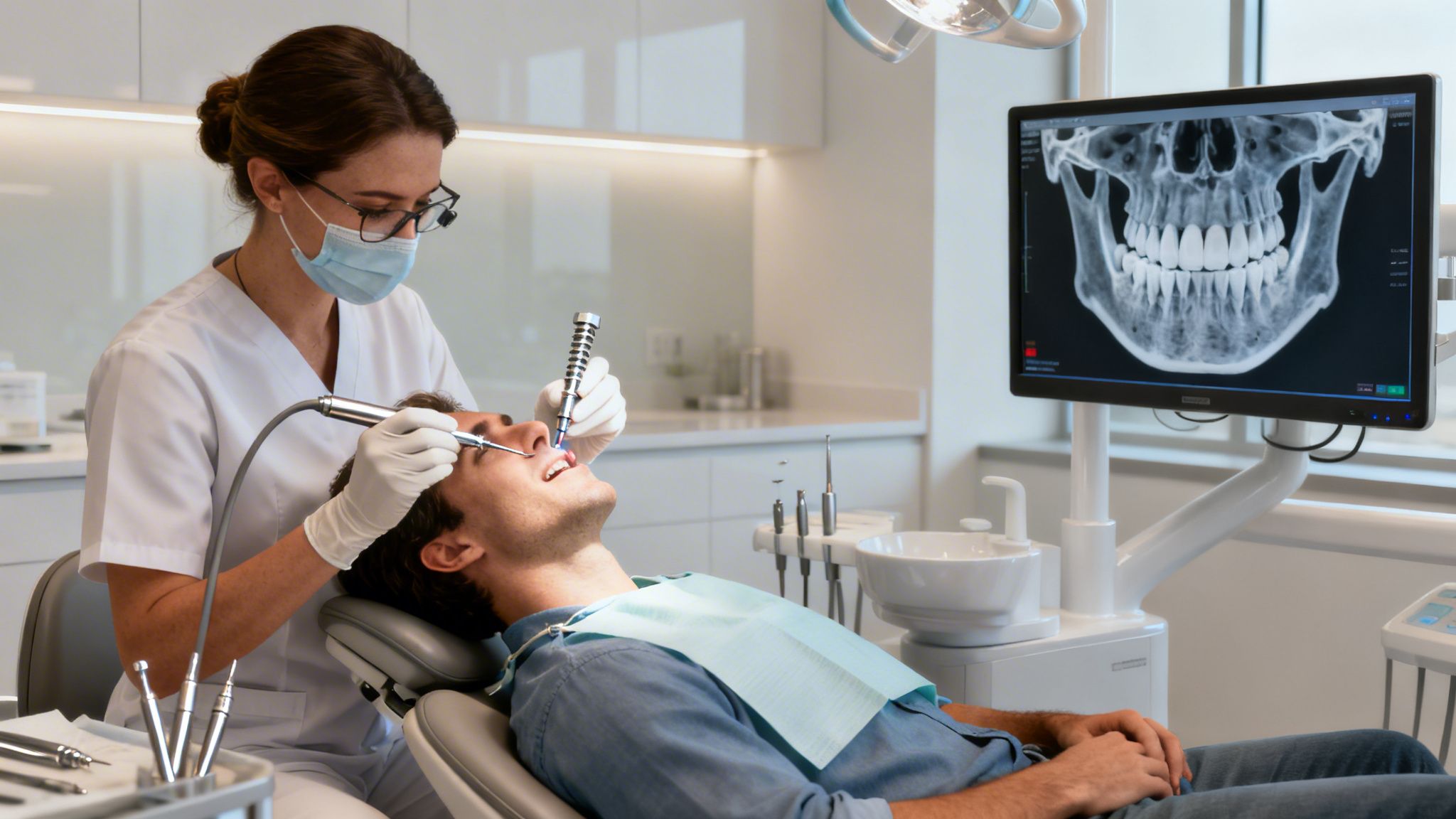 A female dentist in a mask and glasses performing a procedure on a male patient.