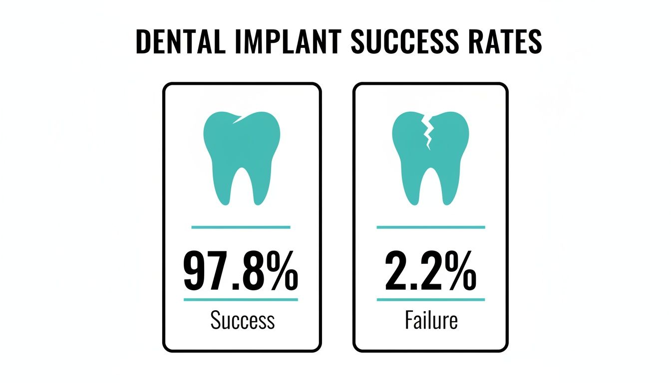 Infographic on dental implant success rates: 97.8% success (healthy tooth) and 2.2% failure (broken tooth).