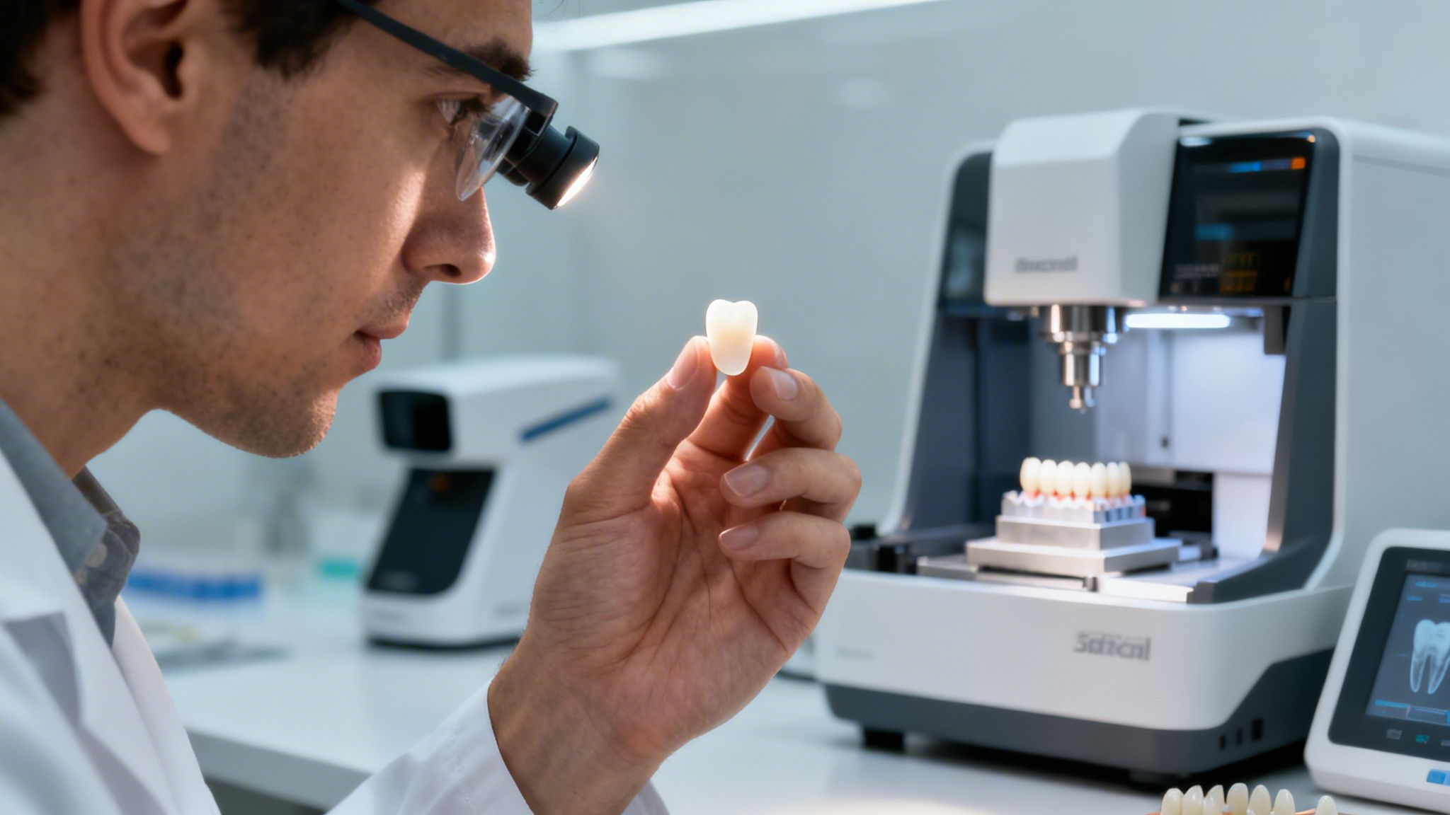 A dental technician wearing magnifying glasses examines a ceramic dental crown in a lab.