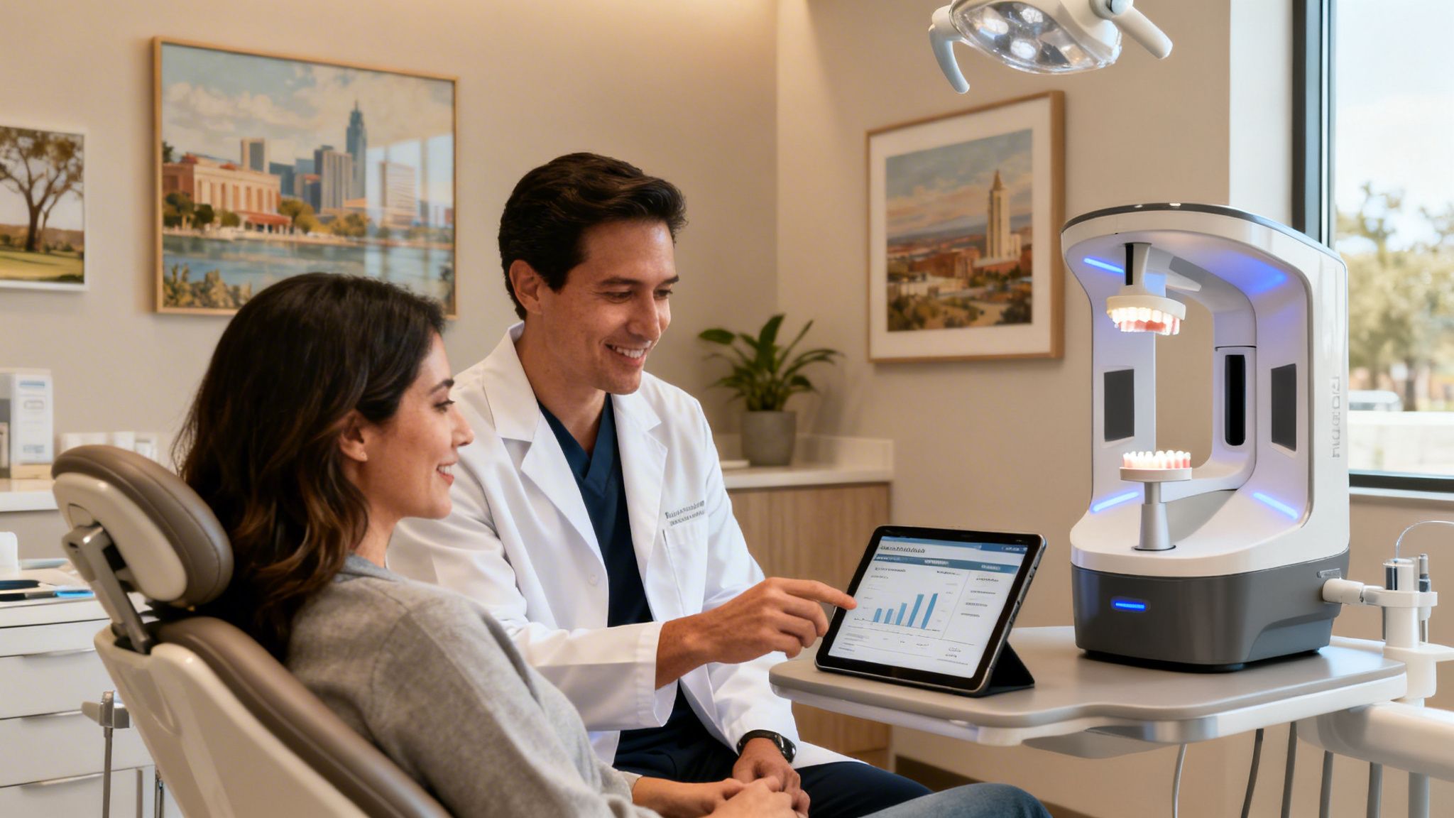 Dentist explaining dental scan results to a smiling patient in a modern dental office.