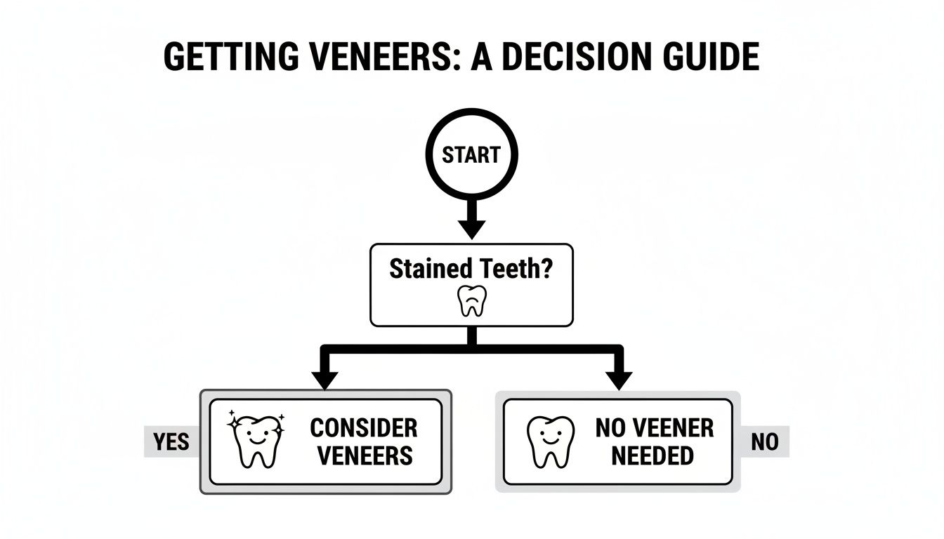 A flowchart guiding the decision process for getting veneers based on whether teeth are stained.