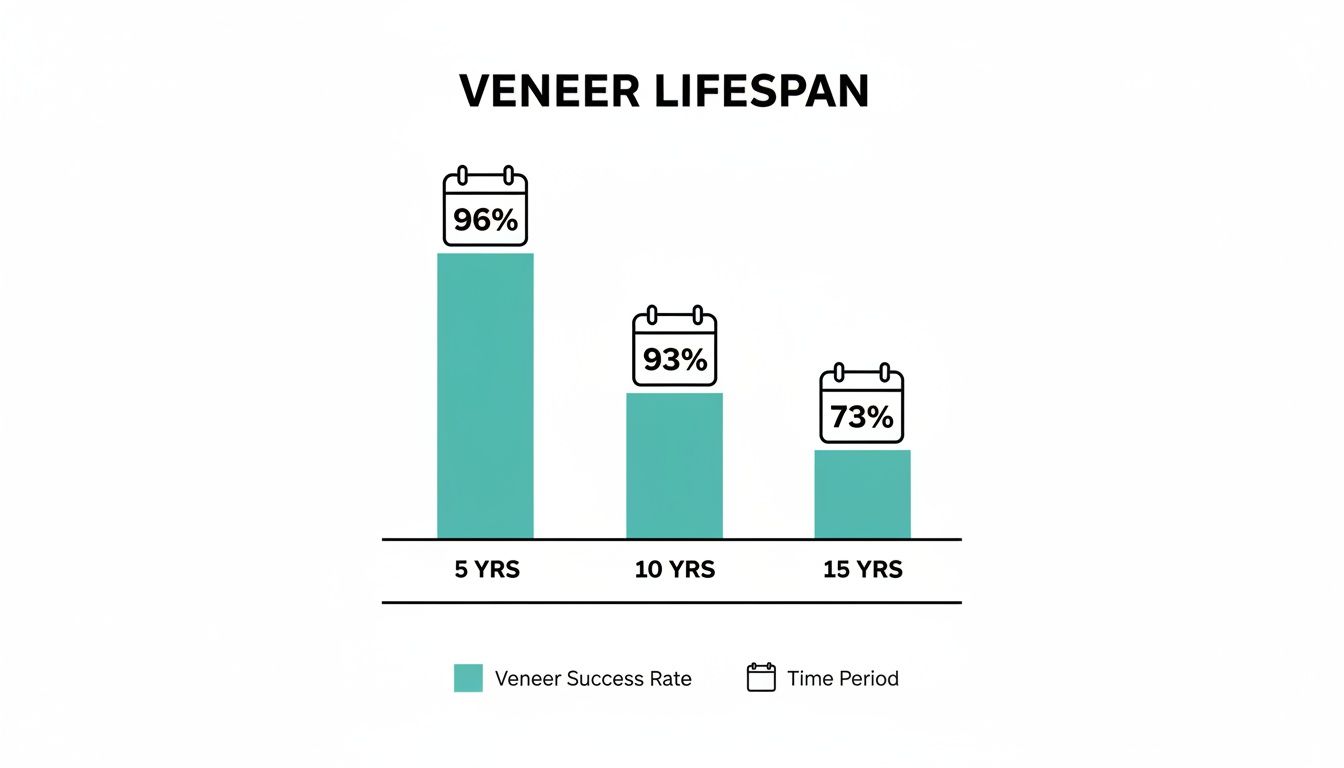 Bar chart displaying veneer success rates: 96% at 5 years, 93% at 10 years, and 73% at 15 years.