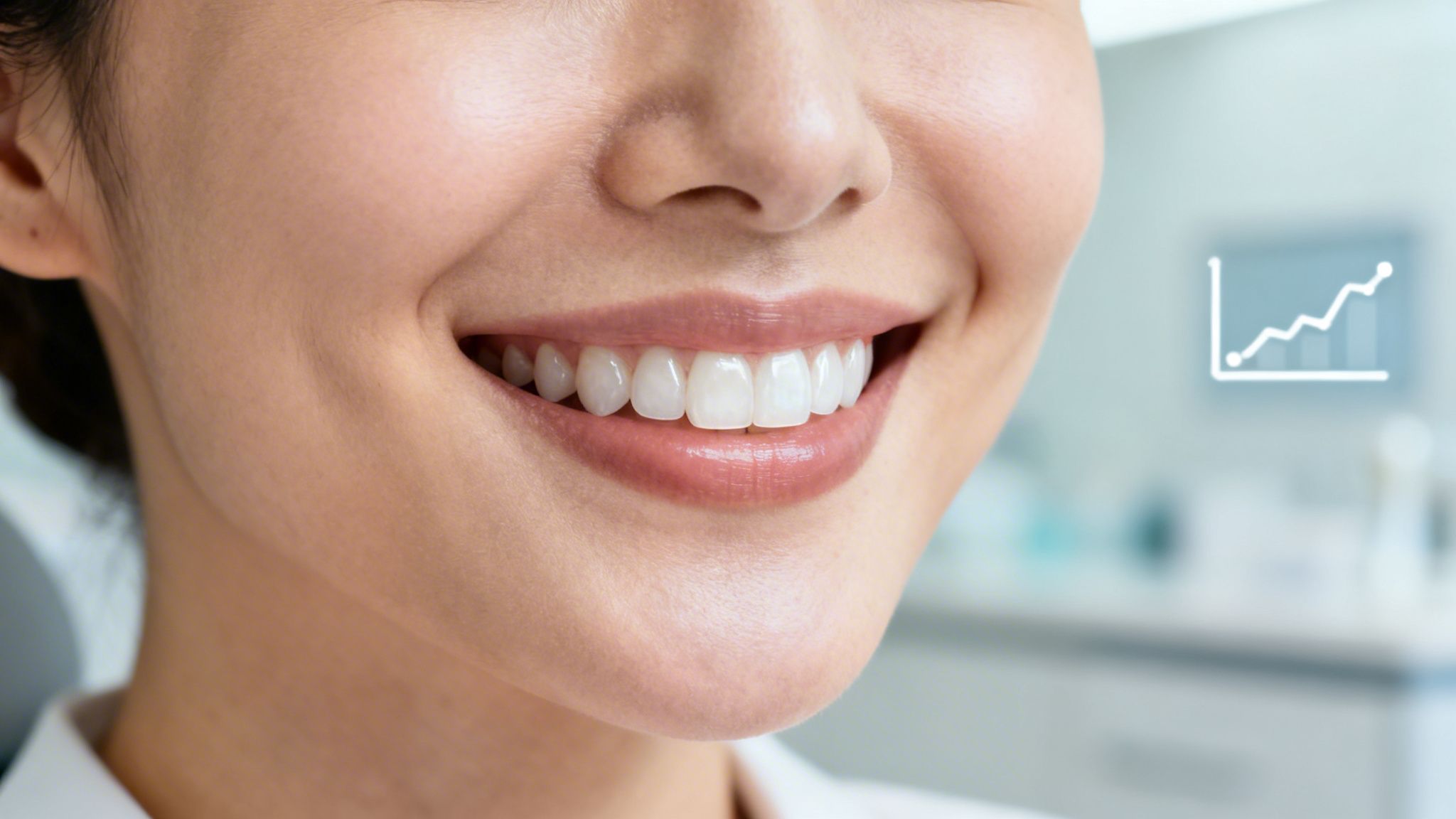 Close-up of a smiling person with perfect white teeth in a bright dental clinic.