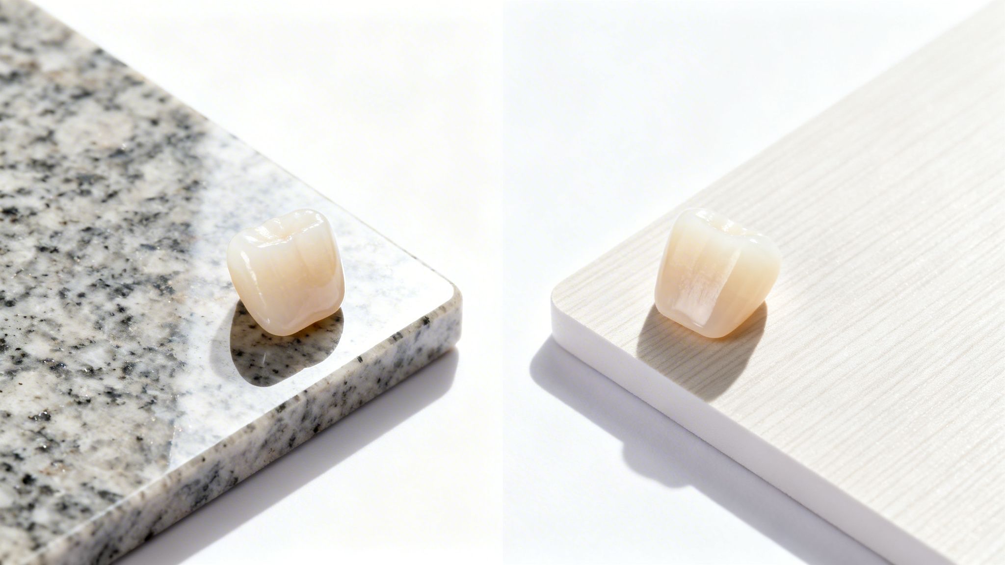 Two dental crowns displayed on a speckled granite slab and a light wood surface.