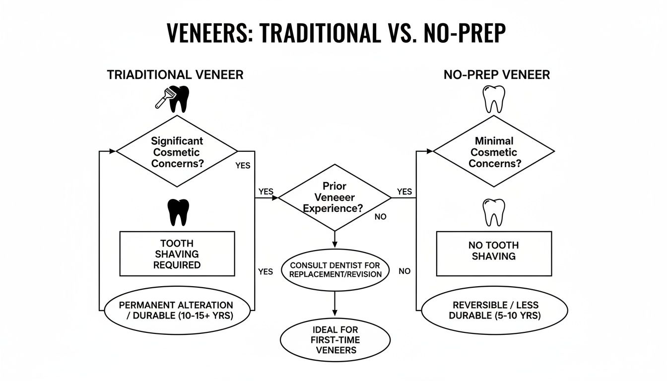 Detailed flowchart explaining the differences between traditional and no-prep dental veneers, guiding treatment decisions.