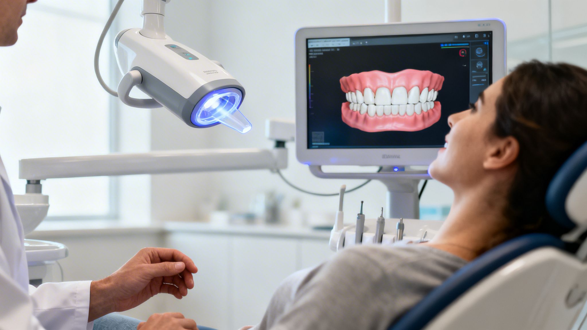 Dentist uses an intraoral scanner on a patient, displaying a 3D teeth model on a screen.