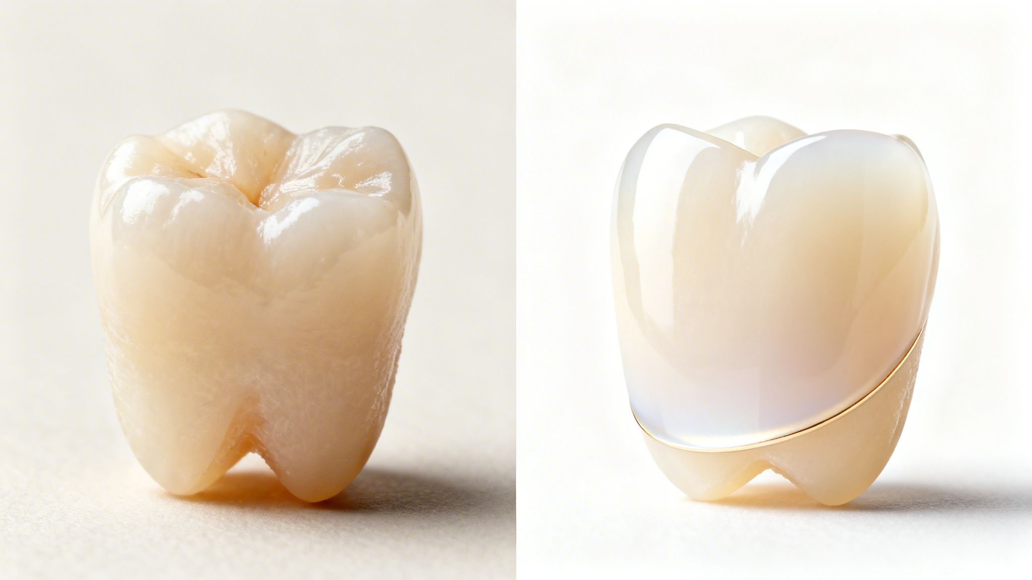 Two close-up views of artificial dental crowns, one all-ceramic and one with a gold band.