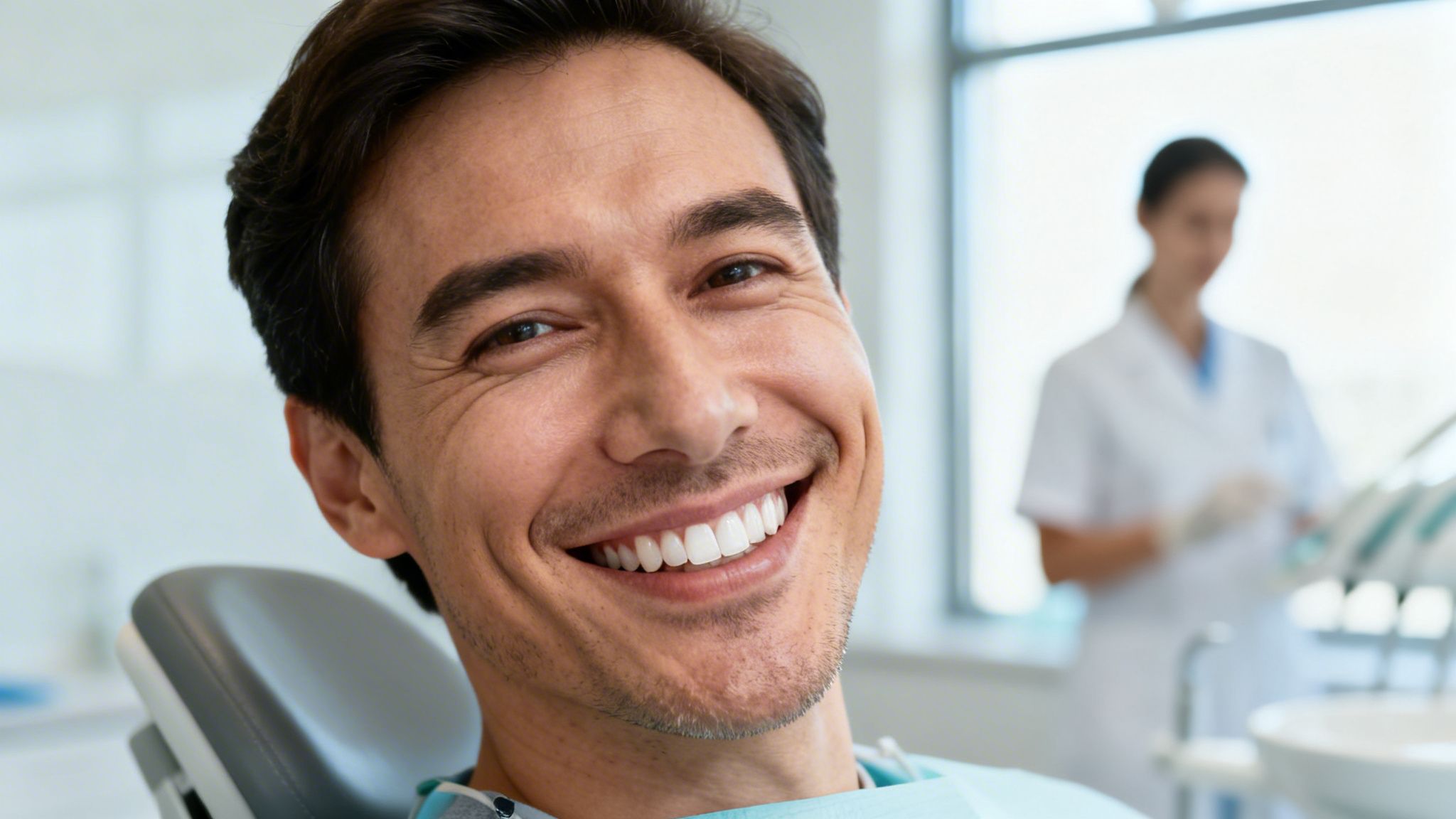 Smiling man in dental chair showing white teeth in a modern dental office.