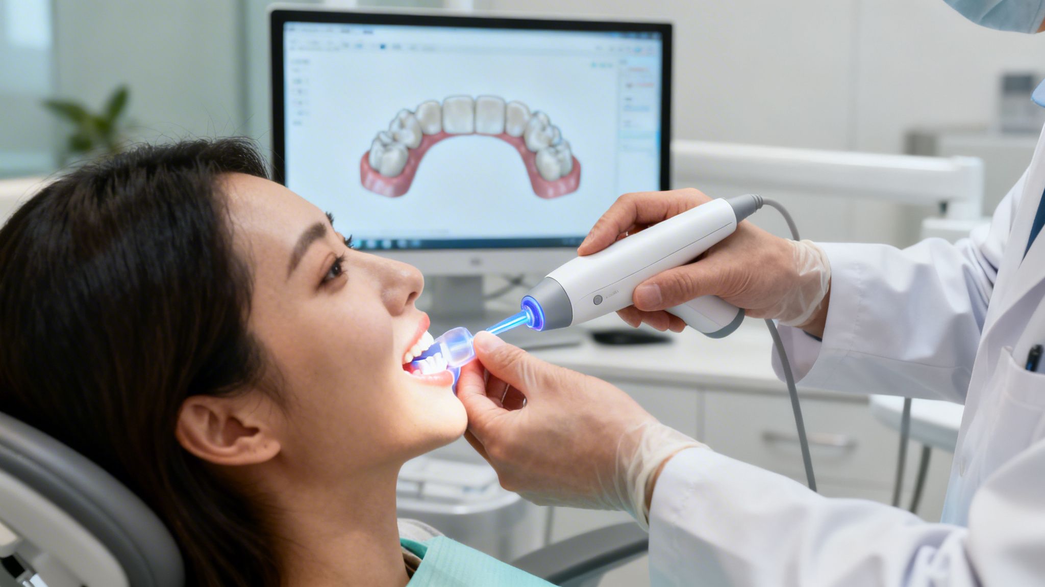 Dentist using an intraoral scanner on a patient's open mouth, with a 3D dental model on screen.