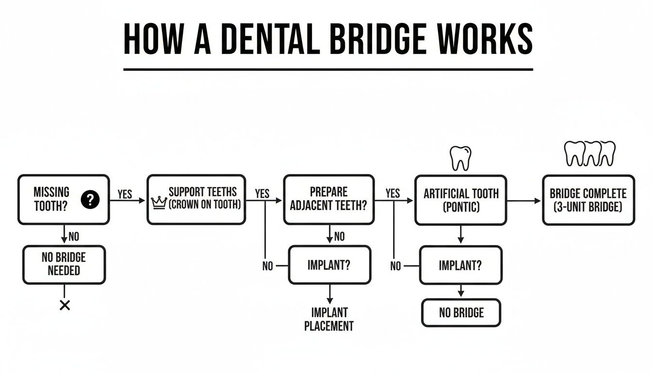 Flowchart illustrating the process of getting a dental bridge, from missing tooth to completion, including implant alternatives.