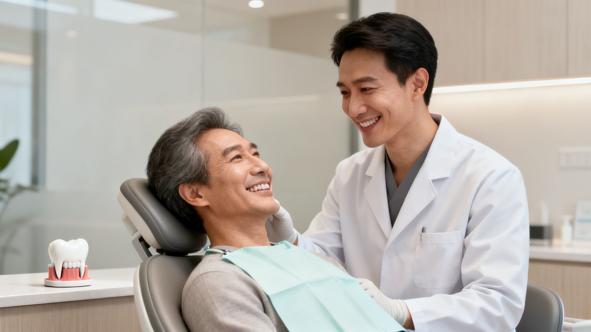 A smiling senior man in a dental chair looking at his cheerful male dentist.