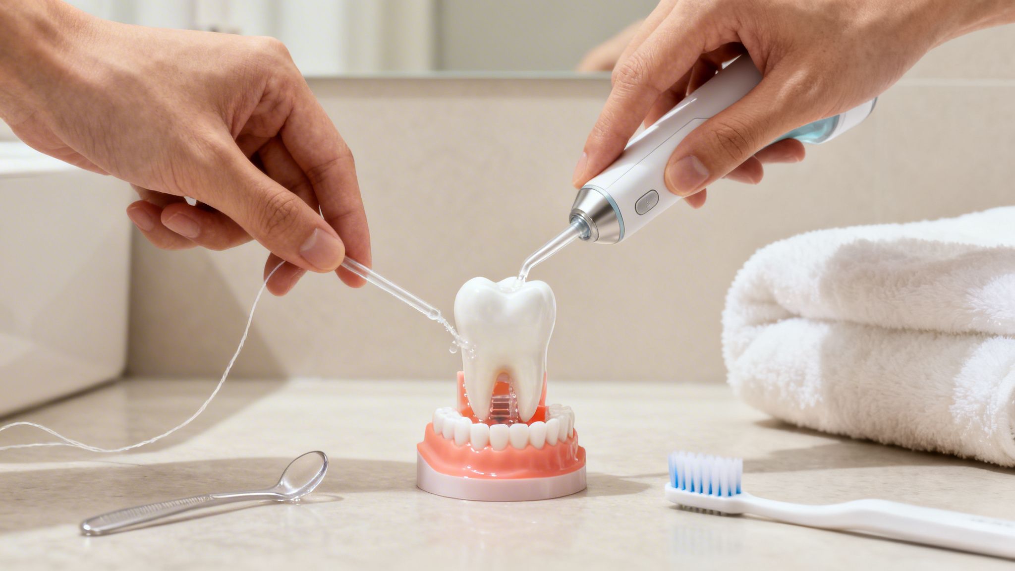 Hands demonstrating dental flossing and water flossing techniques on a tooth model for oral care.
