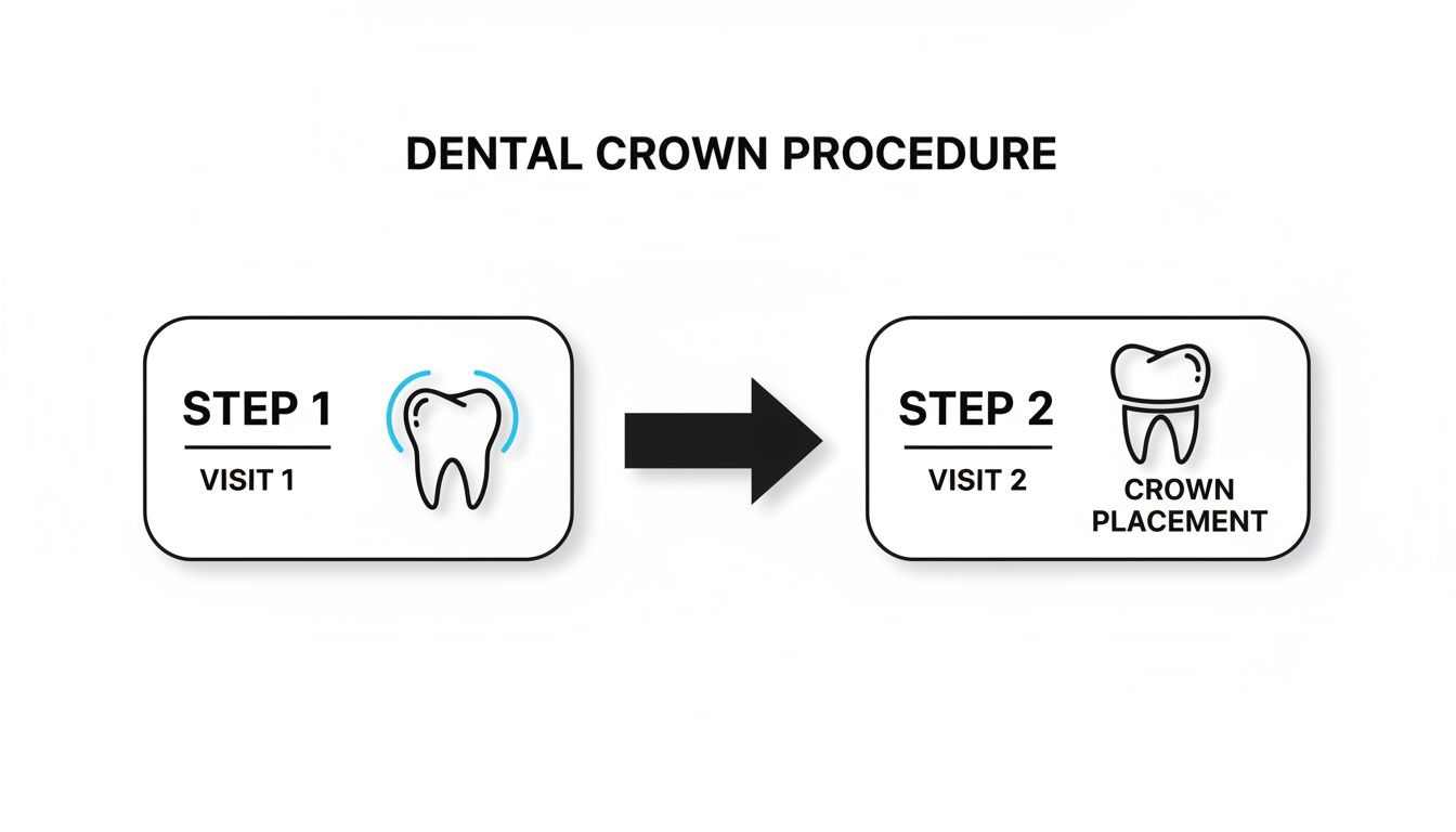 Illustration showing a two-step dental crown procedure: initial visit for tooth preparation and a second visit for crown placement.