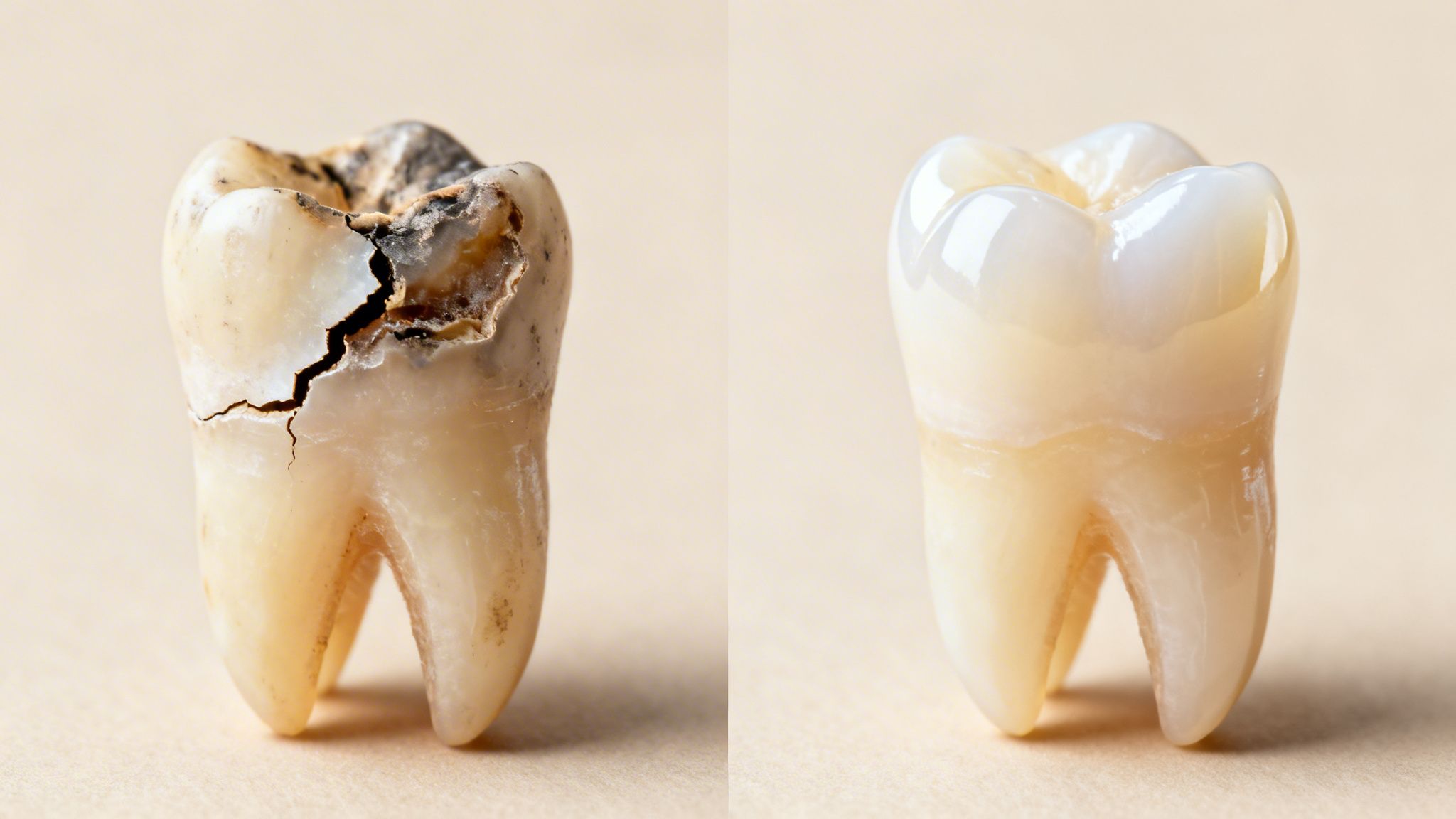 A close-up comparison of a severely decayed and cracked tooth next to a healthy, restored tooth.