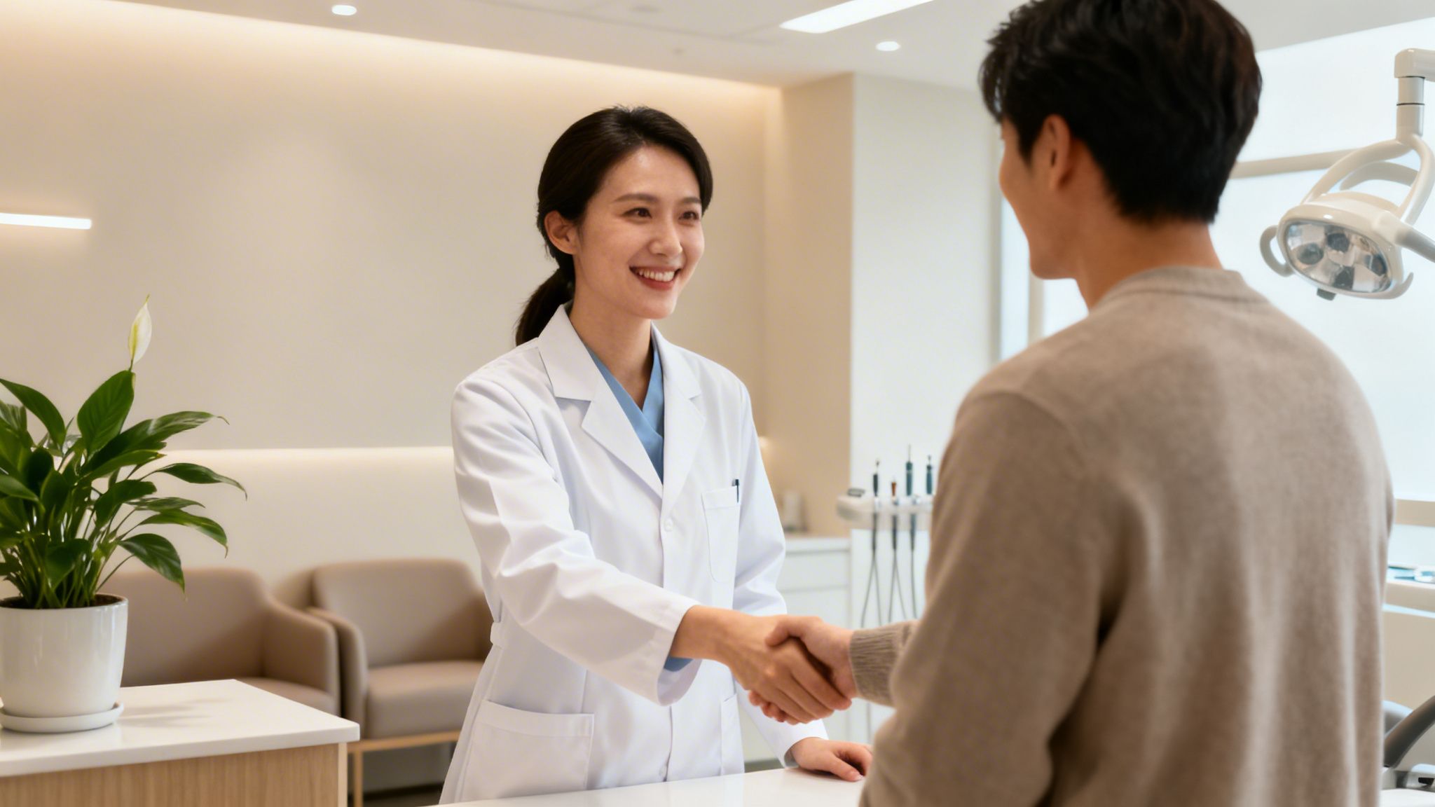 A smiling female dentist in a white coat shakes hands with a male patient in a modern dental clinic.