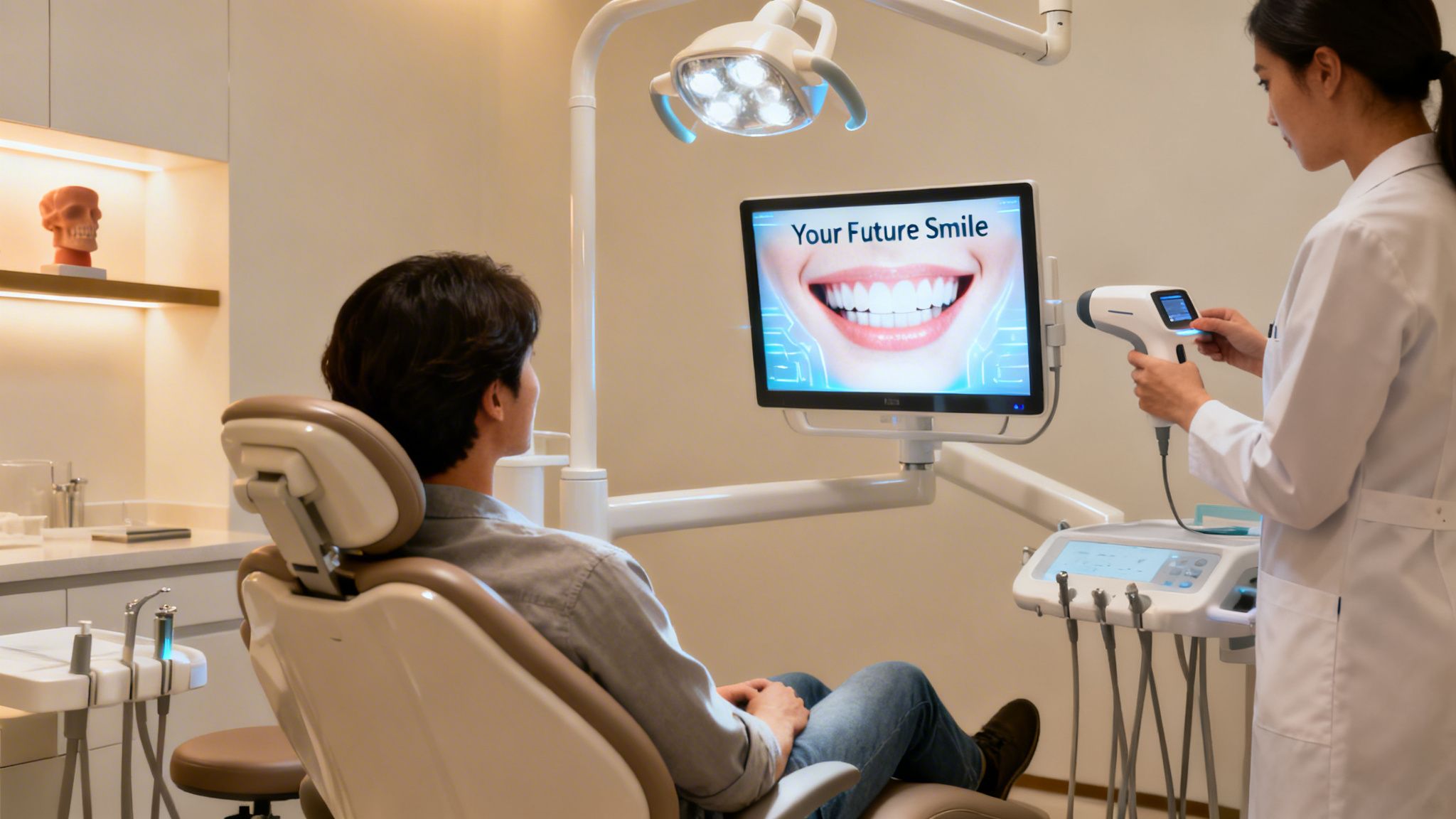 A dentist uses a digital scanner on a patient, showing a future smile simulation on a screen.