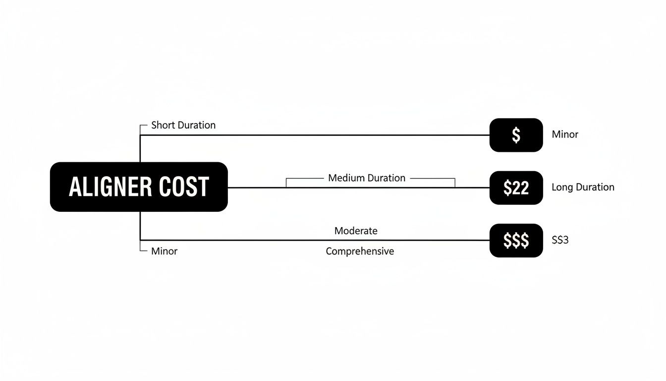 Diagram showing aligner cost breakdown by duration (short, medium, long) and treatment complexity.