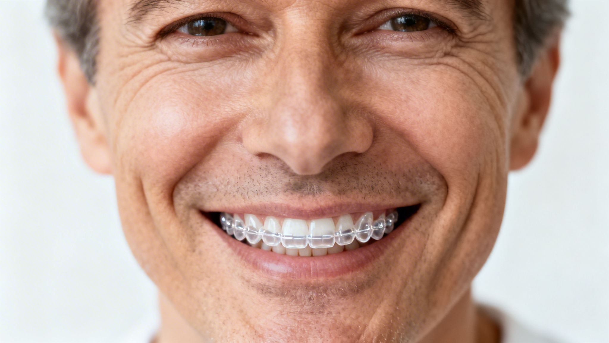 Close-up of a smiling man wearing clear aligners on his teeth.