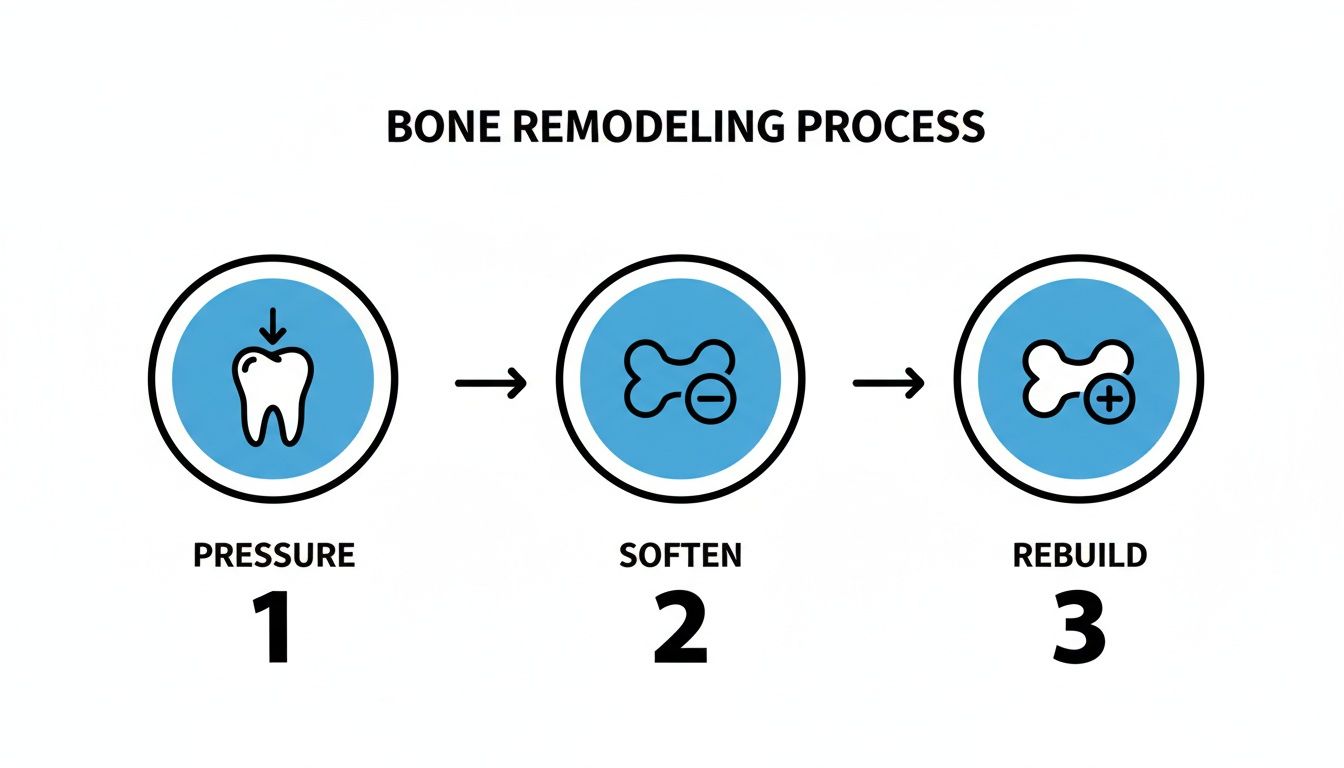 A diagram illustrating the three steps of bone remodeling: pressure from a tooth, bone softening, and rebuilding.