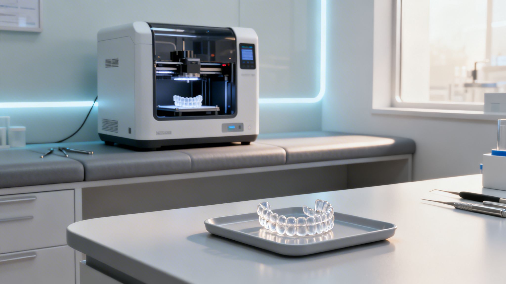 A modern dental lab with a 3D printer creating clear aligners, and an aligner on a tray.