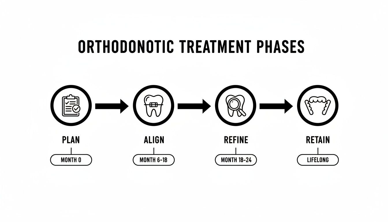 Diagram showing orthodontic treatment phases: Plan (Month 0), Align (Month 6-18), Refine (Month 18-24), Retain (Lifelong).