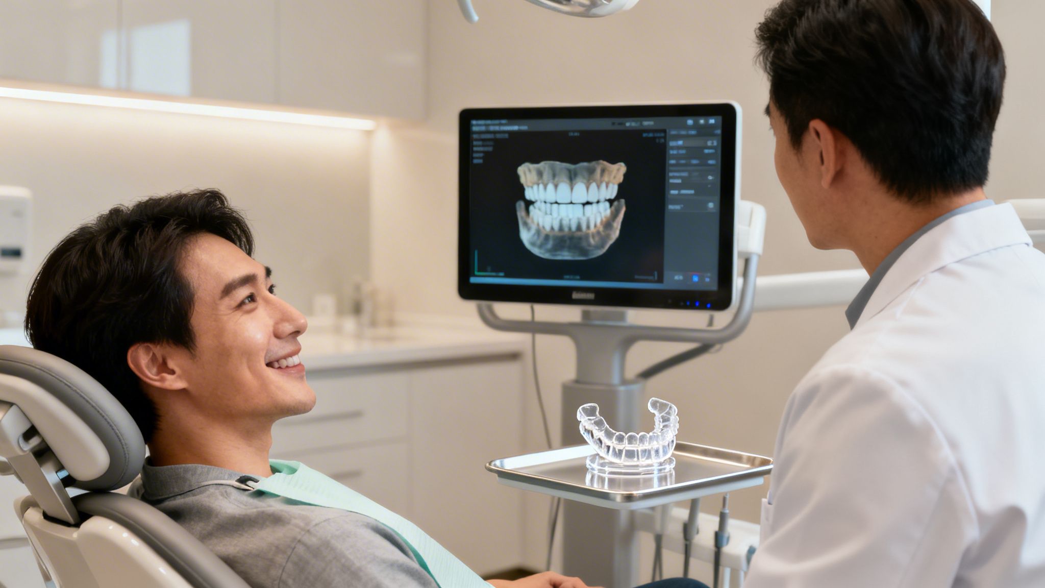 Male patient smiles while dentist shows a 3D teeth model and clear aligners.
