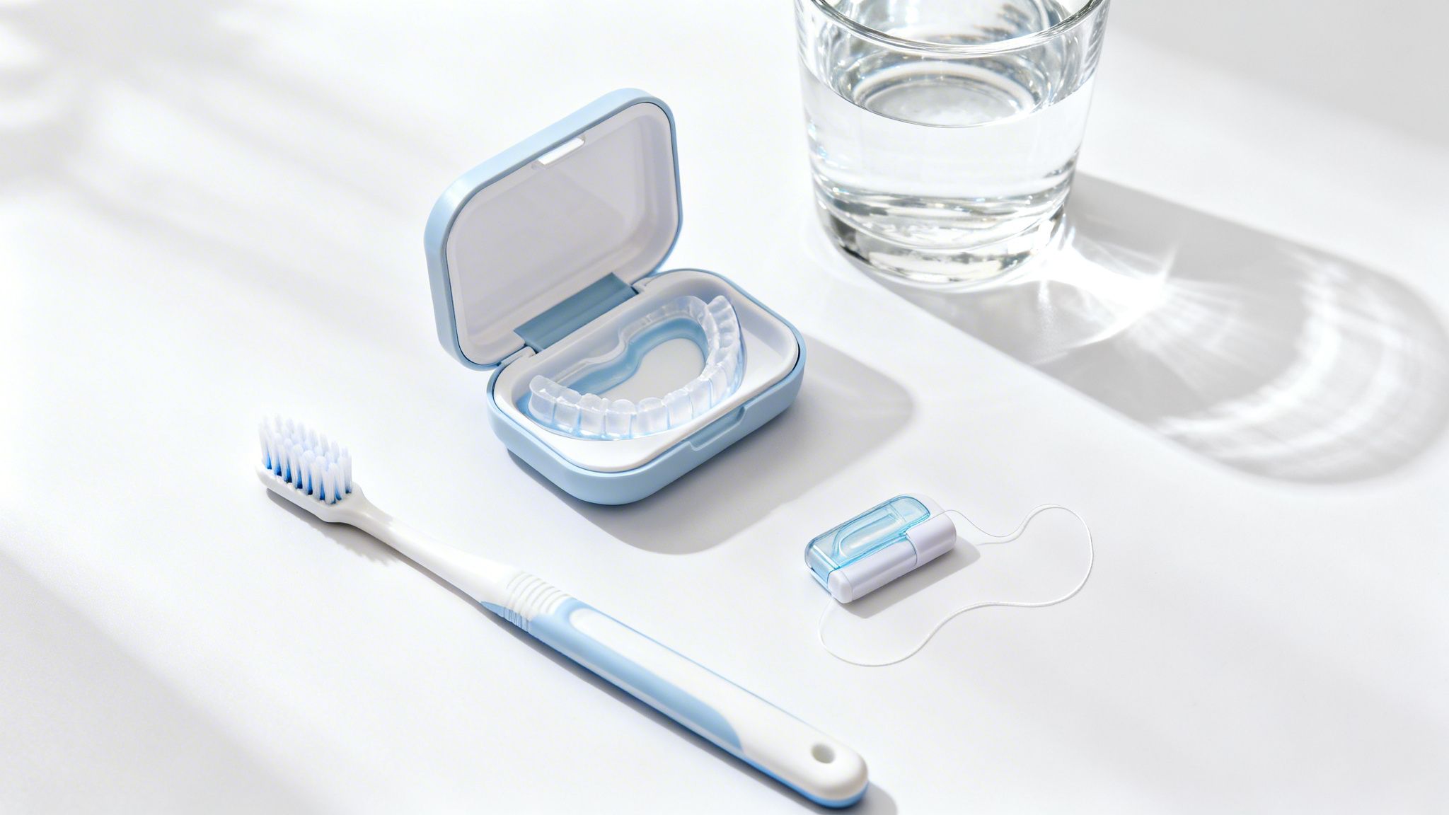 Dental hygiene essentials including a toothbrush, dental floss, clear aligner in its case, and a glass of water.