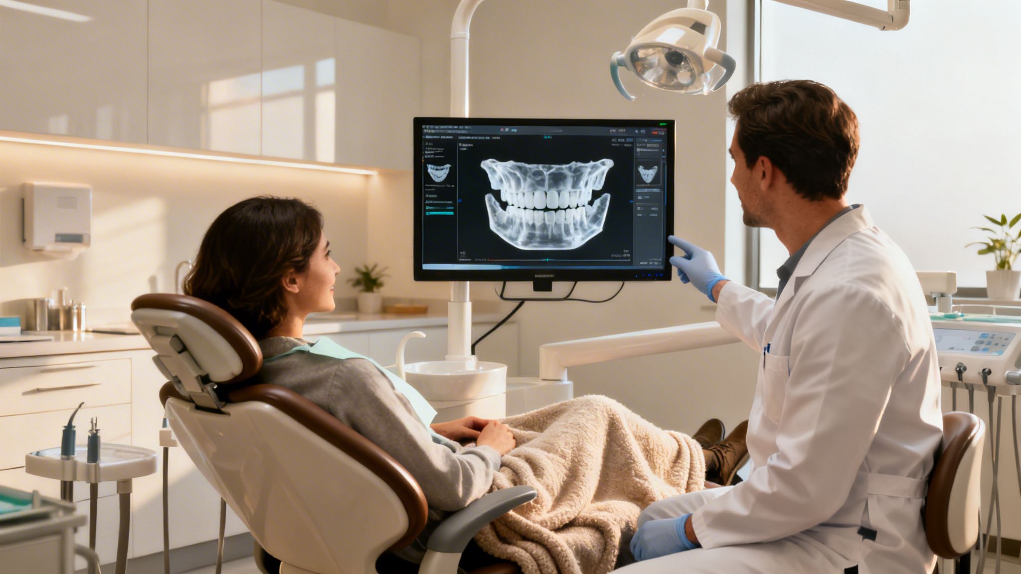 Dentist in a modern clinic explaining a dental X-ray of teeth on a monitor to a patient.