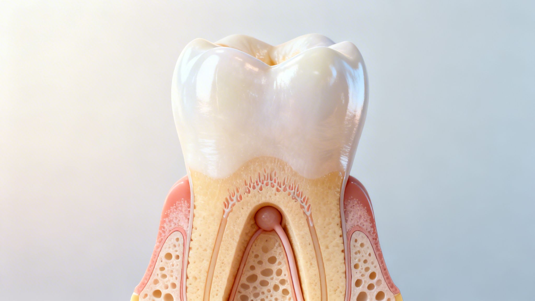 A detailed cross-section model of a human tooth showing enamel, dentin, pulp, and root structure.