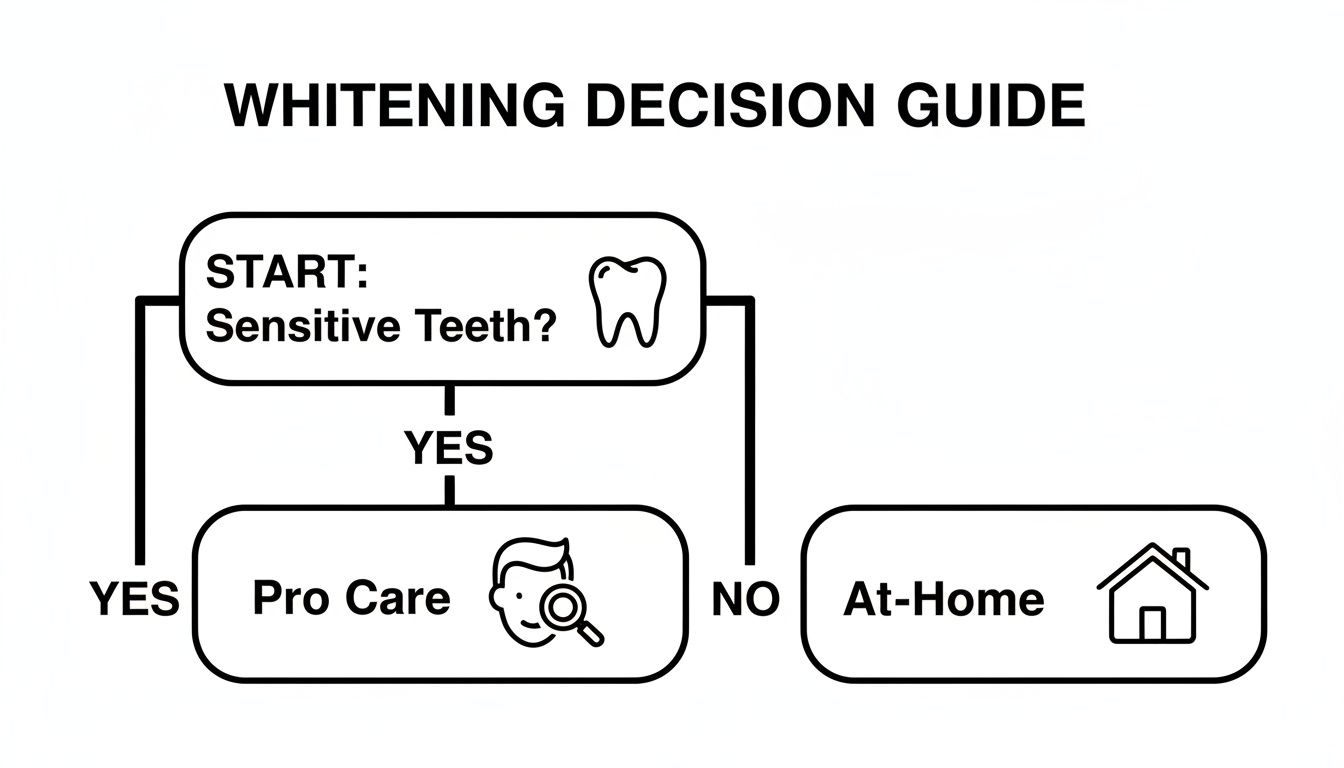 A flowchart guides teeth whitening decisions based on sensitivity, recommending professional care for sensitive teeth and at-home for non-sensitive.