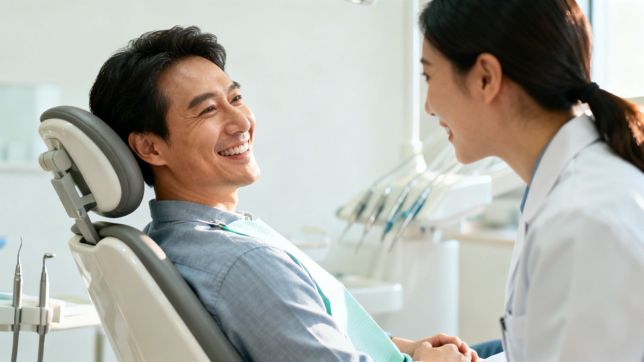 Happy patient in a dental chair talking with a smiling female dentist in a bright clinic.