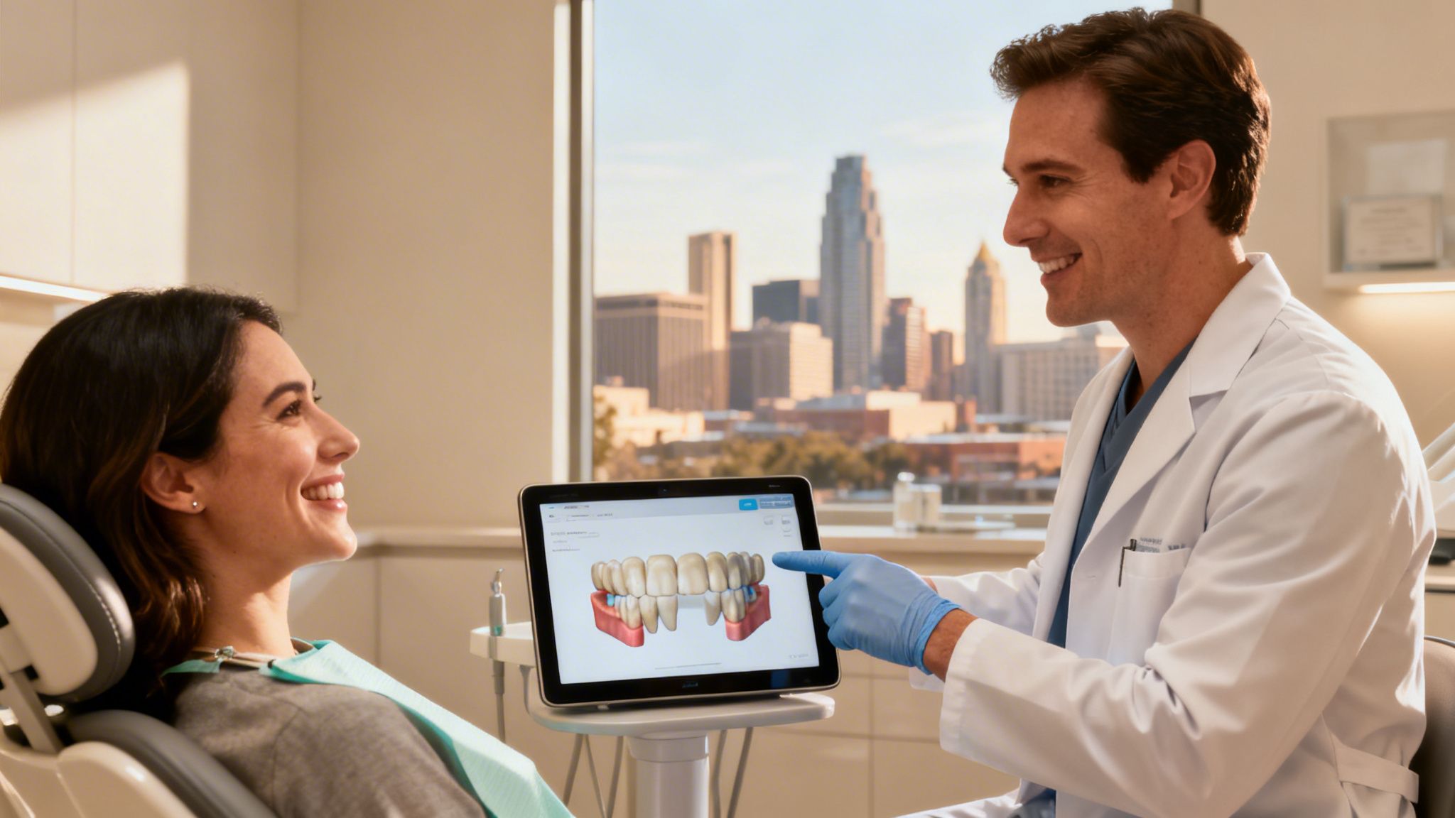 A smiling patient observes a digital teeth model shown by a dentist on a tablet.