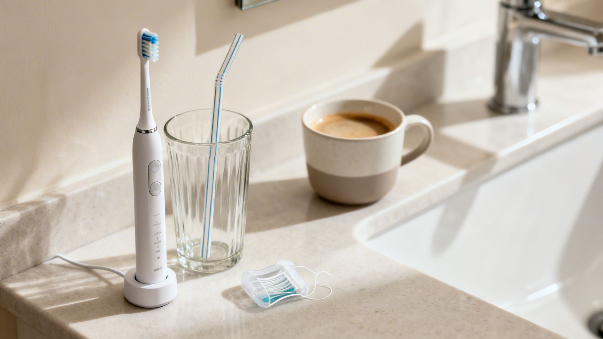 A white electric toothbrush, a glass with a straw, coffee, and floss on a bathroom counter.