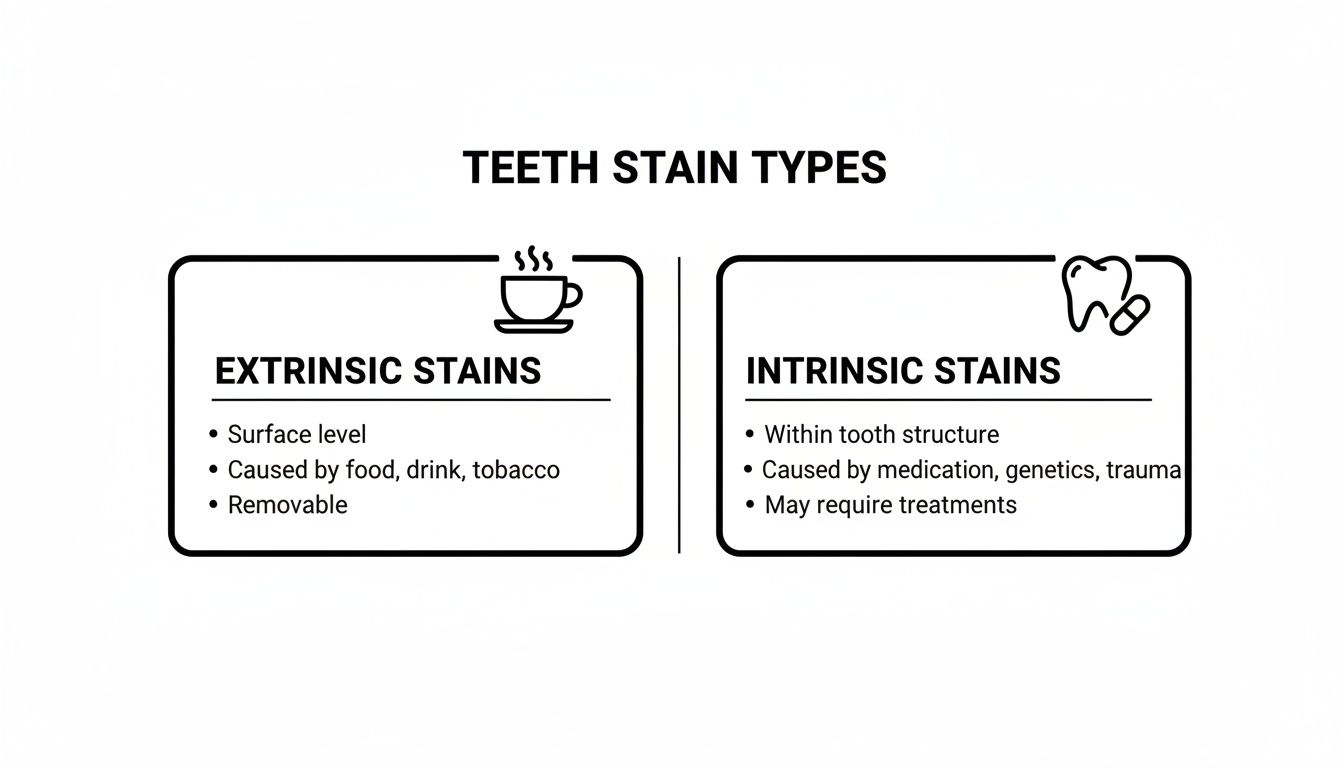 An infographic illustrating extrinsic and intrinsic teeth stain types, their causes, and characteristics.